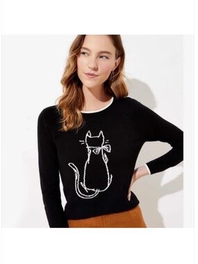 LOFT Black Lightweight Pullover whimsical Sweater with White Cat Outline